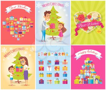 Best wishes, happy birthday and merry Christmas, collection of presents, daddy giving gift to daughter, family and roses in box vector illustration