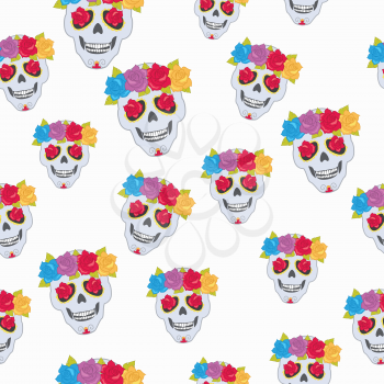 Human skull and flower wreath seamless pattern. Endless texture of isolated cranium decorated with blossoms on white. Colourful roses with leaves. Flowers instead of eyes. Cartoon flat style. Vector