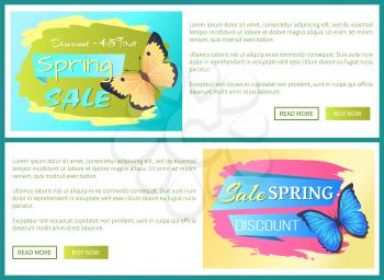 Spring sale poster discount colorful butterflies web posters set with push buttons, cute flying insect vector illustration promo stickers on banner