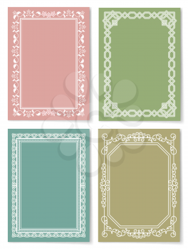 Set of vintage frames decorative border corners, leaves and curved elements in white color on colorful backgrounds, retro border isolated photo frames