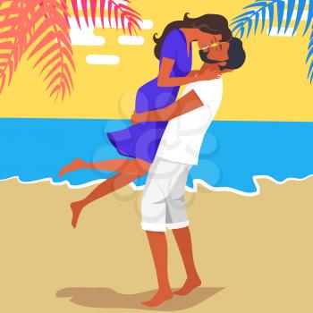 Man with beard in shorts lifts his girlfriend in purple dress and kisses on the seaside under palm tree vector illustration on background of sea and sky.