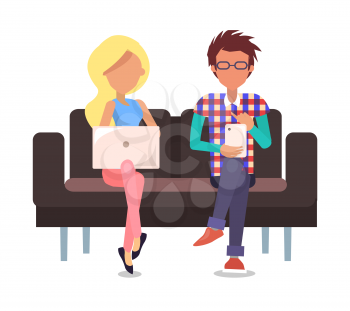 Man and woman, sitting on couch, and spending time, by looking at screens, and monitors, poster with people vector illustration isolated on white