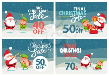 Final Christmas sale holiday discount 70 40 50 off posters with Santa and Elf riding on sleigh, playing musical instrument, merrily jumping banners