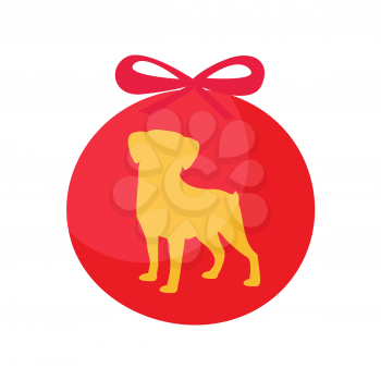 Decorative ball with dog silhouette symbol of New year vector illustration of holiday symbol isolated on white background. Xmas red toy with bow