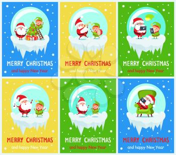Merry Christmas and happy New Year, Santa Claus and elf singing and jumping, decorating evergreen tree, looking at tablets vector illustration