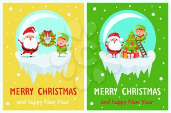 Postcard Merry Christmas Happy New Year Santa and Elf decorating tree from ladder, present gift boxes and wreath in ball crystal vector illustration