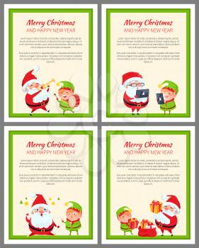 Merry Christmas and happy New Year, set of banners with Santa Claus and elf activities, text sample and letterings, frames vector illustration