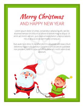 Merry Christmas and Happy New year posters with Santa and elf vector with place for text. Father Christmas and little helper riding on sleigh in winter