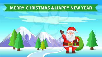 Merry Christmas and Happy New Year poster Santa Claus and bag with gifts isolated on snowy background. Vector St. Nicholas holding huge green sack