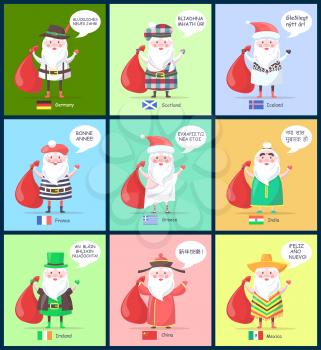 Iceland and France, Santa Clauses representations and translated greeting happy New Year in different languages, isolated on vector illustration