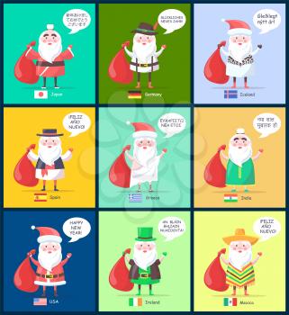 Iceland and Spain, Santa Clauses collection with translated happy New Year greeting, men in costumes and icons of flags, vector illustration