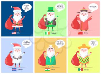 USA and Ireland, China and India, Mexico and Iceland Santa Clauses representations and translated happy New Year greeting vector illustration