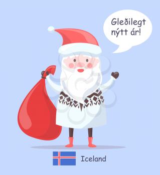 Iceland and Santa Claus placard of man wearing sweater with pattern, holding bag, translation of happy New Year in Icelandic vector illustration