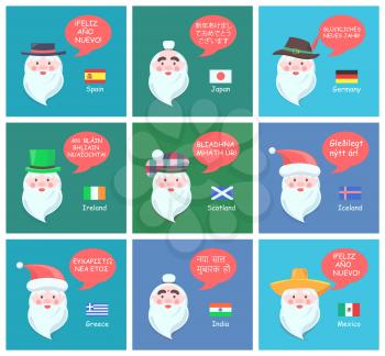 Foreign Santa Clauses in traditional national headdresses wish happy New Year in various languages cartoon vector illustrations on festive posters.