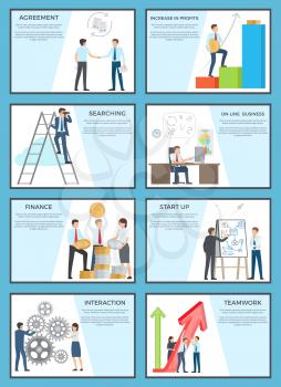 Collection of business posters with text. Isolated vector illustration of ambitious male and female employees carrying out their daily duties at work.