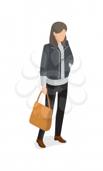 Woman in gray jacket, black trousers, beige bag and shoes vector illustration. Student or college girl cartoon character isolated on white background