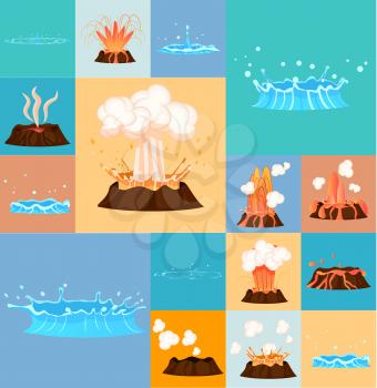 Concept of active volcano and blue geyser in action. Splash of hot lava, flowing magma, discarded steam under pressure. Powerful aqua fountain from hot spring. Vector illustration in cartoon style.