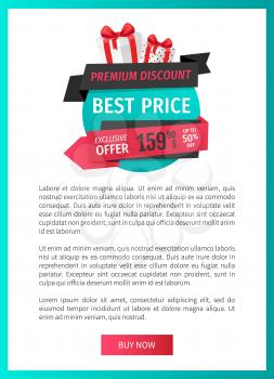Premium discount, best price offer sale label web page template vector. 50 percent reduction of price, banner with presents. Advertisement, shop clearance