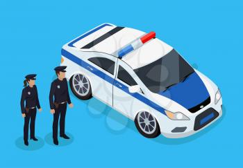 Policemen standing near vehicle vector poster, ipolice officers man and woman in special work uniform, white automobile with blue elements and flasher