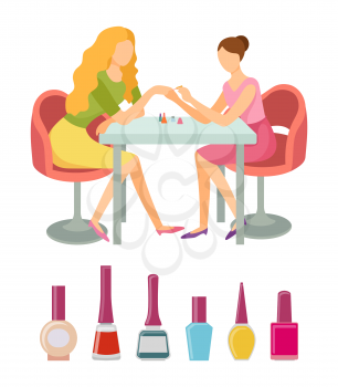 Spa salon manicure bottles polishers in containers vector. Manicurist working with woman, nail art. Service of painting fingernails by professional