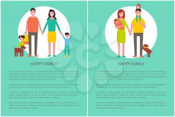 Happy family poster text sample, and people isolated in circle. Mother, father, daughter and son and adorable pet. Vector parents and children leaflet