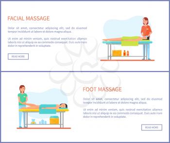 Facial and foot massage session cartoon vector banner set. Standing masseur in uniform and rubber gloves and lying on table patient covered with towel