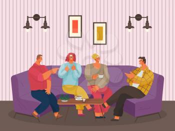 People spend leisure time together playing games in cafe. Men and women sit on violet sofa and have coffee break. Meeting with friends in coffeehouse or living room. Vector illustration in flat style