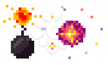 Pixel game icons, isolated bomb with burning wick, cosmic burst. Particles and flame elements, 8 bit graphics retro style of gaming process dynamite