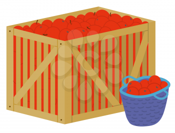 Harvesting season vector, isolated basket and box with apples. Flat style organic production, snack and meal gathered and picked from trees dessert