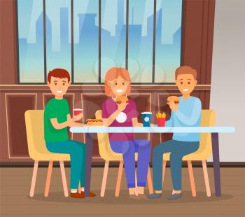 People having lunch together in fast food restaurant. Friends spending time and eating out. Men and woman eat burgers and drink soda. Cafe interior with urban view from window. Vector illustration
