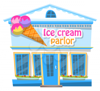 Ice-cream parlor construction in blue color. Frozen sweet food in cafe or restaurant symbol of urban place. Cone waffle with colorful sorbet logotype on building, shop with traditional sundae vector