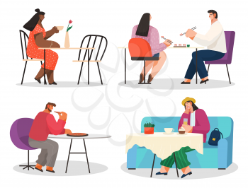 People eat food like pizza and sushi in restaurant. Cafe for meeting couples and friends. Set of pictures with people having coffee break or lunch. Vector illustration of eating out in flat style