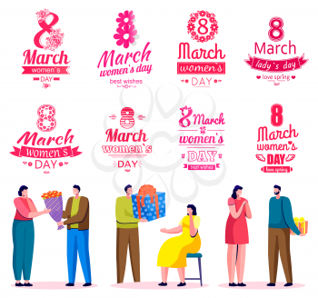 Men holding gifts and bouquets greeting womens with international day. Banners for 8 march isolated set. Husbands and boyfriends giving presents to wives and girlfriends. Vector in flat style