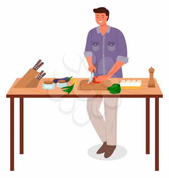 Man stand near wooden table on kitchen. Desk with knives, kitchenware and products. Guy cutting fresh vegetables as peppers, cabbages and eggs. Vector illustration of cooking process in flat style
