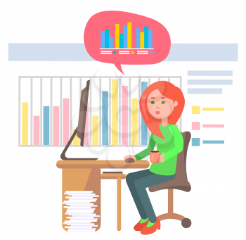 Woman working in office analytics and statistics data vector. Secretary sitting by laptop with information, worker comparing results in charts flat style