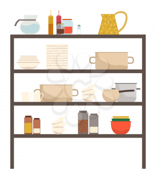 Furniture made of wood for kitchen interior design. Isolated wooden shelves with kitchenware, mugs and plates, cups and bottles. Storage of bowls and pans, cupboard with cookware, vector in flat
