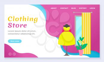 Clothing Internet store or fashion boutique web banner vector. Discount or special offer, clothes shop, mannequin in yellow dress. Shopping and shop interior, buying online homepage illustration