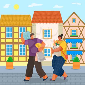 Man and woman carrying bought products from supermarket. Couple loaded with groceries returning home passing houses and buildings in old town. Boyfriend and girlfriend with bags, vector in flat style