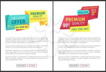 Exclusive offer and premium quality commercial phrases labels on landing page. Segments with advert banners, text sample read more or buy now buttons.