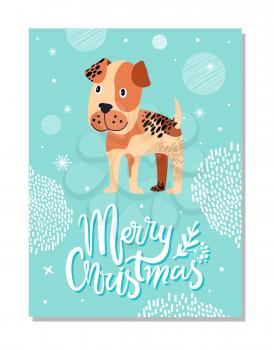 Merry Christmas postcard with boxer puppy and snowflakes vector illustration on blue background. Animal symbol of 2018 year on festive poster.