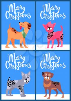 Merry Christmas festive postcards with pedigree dogs as symbols of 2018 year by Chinese calendar isolated vector illustrations set on blue background.