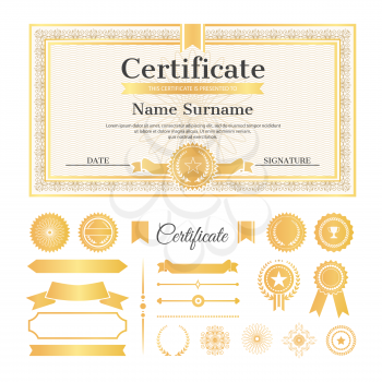 Certificate sample with stamps and signatures, text and name with surname above it, collection of ribbons on vector illustration isolated on white