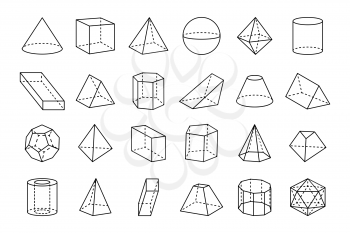 Collection of three dimensional geometric shapes, sketches of various forms, such as triangles and cubes on vector illustration isolated on white