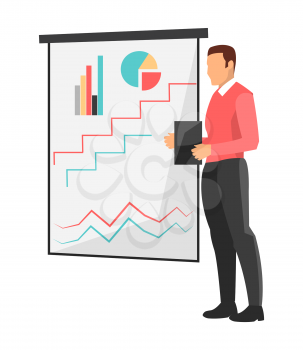 Businessman with paper standing by whiteboard with chart, diagrams and schemes on it, vector illustration isolated on white background