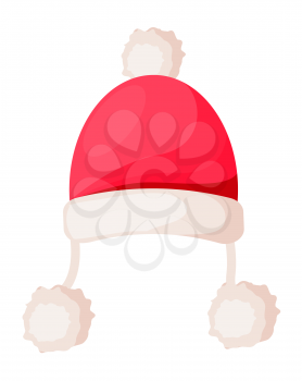 Santa Claus hat with strings ending in pompoms isolated on white. Winter fur woolen cap. Father Christmas hat with rim and ball on top. Flat icon winter snowboard accessory in cartoon style vector