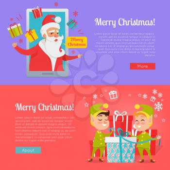 Merry Christmas poster of colourful picture with Santa Claus looking out smartphone and sending presents. Vector illustration banner with happy gnomes in green suits packing gifts in box.