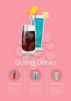 Quality drinks promo poster with cocktails made of vodka and cola and blue lagoon with straw and lemon vector illustration on pink with alcohol spirits