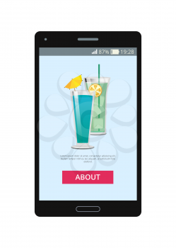 Cocktails mojito and blue lagoon, shown on mobile phone in application, with icons of alcoholic drinks, information and button vector isolated on white