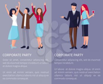 Corporate party poster with colleagues dancing, having fun and having drinks on party. Vector illustration with coworkers on violet background