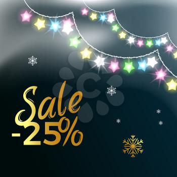 Sale -25 , poster depicting discount with garlands and snowflakes as decorative elements vector illustration isolated on dark-blue